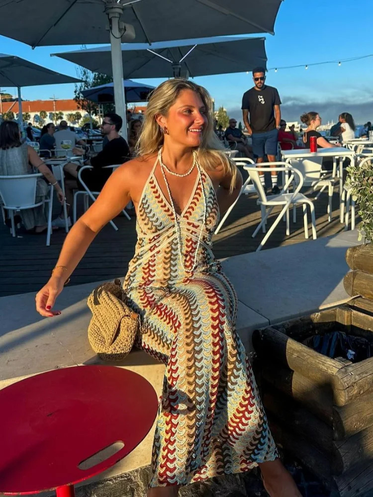 Sexy Crochet V Neck Halter Midi Dres Fashion Sleeveless Backless Slim Knitted Dress 2025 Summer Lady Highstreet Robe 250207