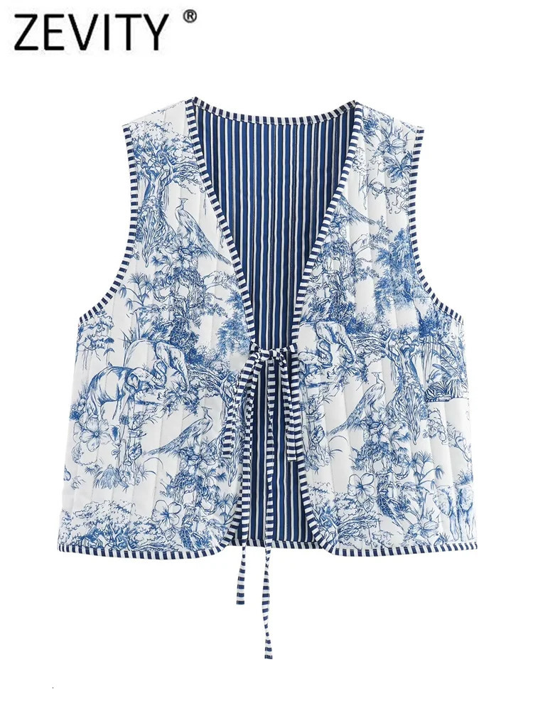 Zevity Women National Style Sleeveless Patchwork Floral Print Quilted Vest Jacket Ladies Lace Up WaistCoat Chic Crop Tops CT6267 250207