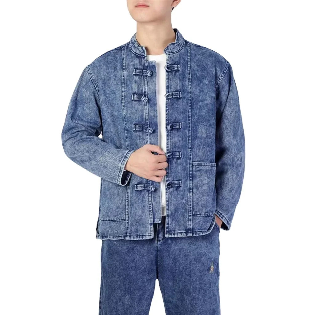 Chinese Style Stand Collar Washed Denim Set Men Chinoiserie Youth Casual Streetwear Tangzhuang Mens Jacket and Jeans 250207