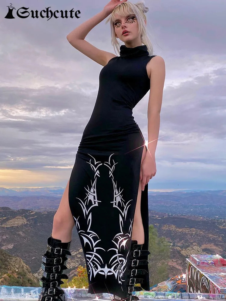 SUCHCUTE Gothic Print Midi Dress For Women Summer Turtleneck Dark Academia Fashion Long Harajuku Sleeveless Black Dresses 250207