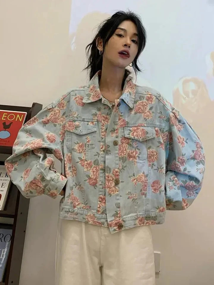 Jmprs Vintage Rose Floral Denim Jacket Korean Loose Elegant Short Coat Sweet Long Sleeve Casual Lady Retro Harajuku Tops 250113