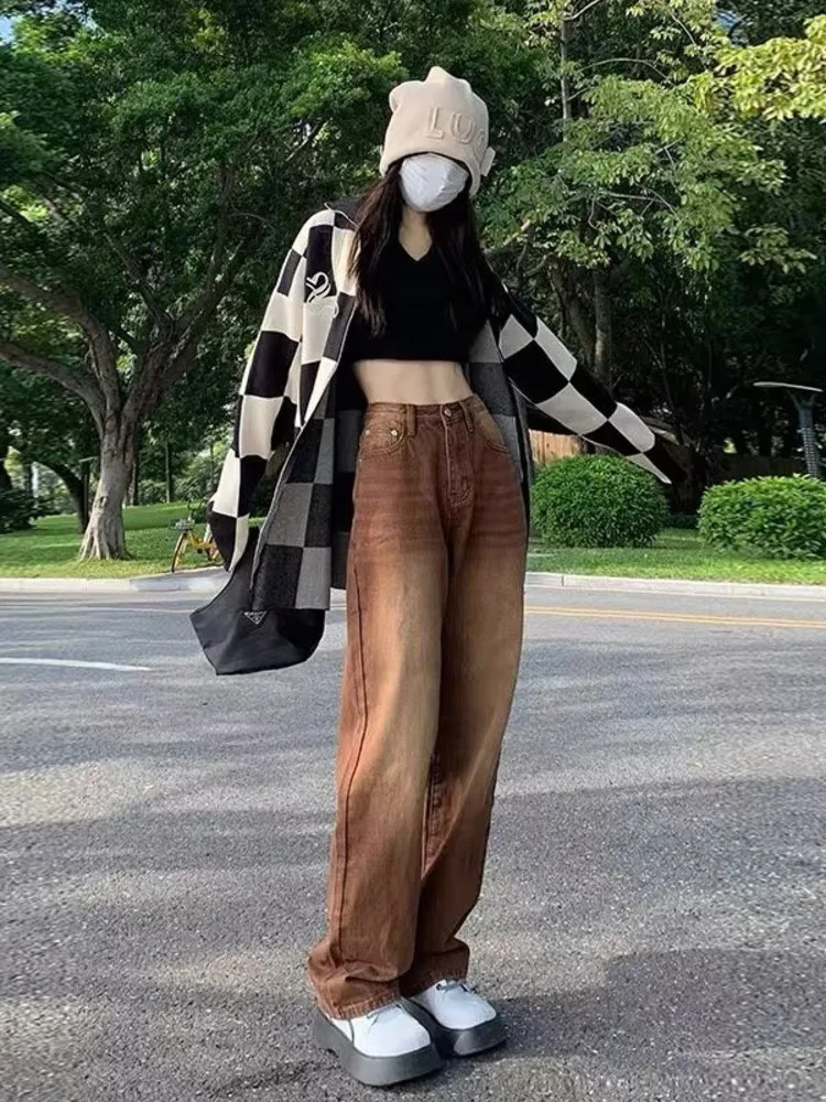 Feynzz European And American Retro Brown Jeans Womens Spring And Autumn High-waisted Straight-leg Loose And Thin Wide-leg Pants 250206