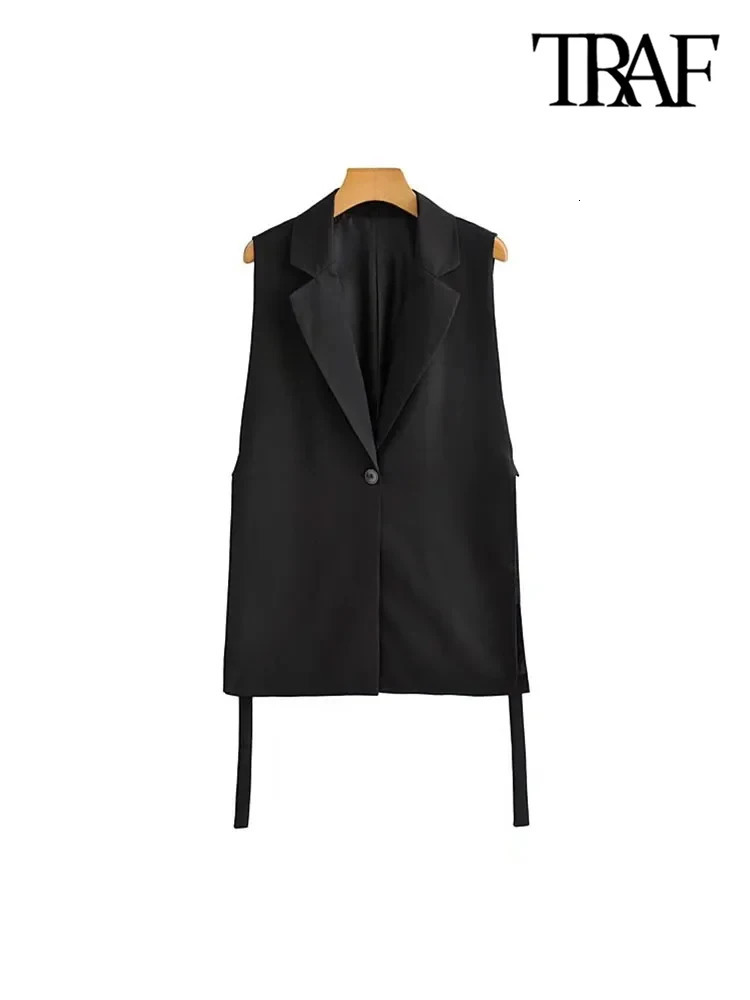 TRAF Women Fashion With Taps Side Vents Waistcoat Vintage Sleeveless Front Button Female Outerwear Chic Vest Tops 250207