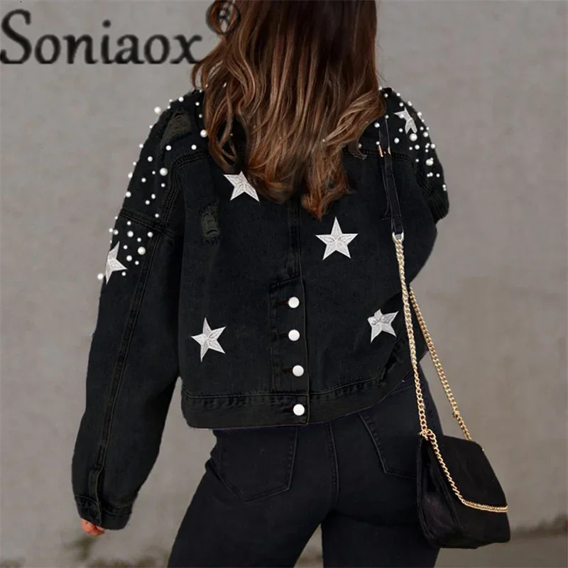 Fashion Bead Button Splicing Split Back Hem Denim Jackets Women Autumn Winter Single-breasted Cardigan Coat Casual Outerwear 250122