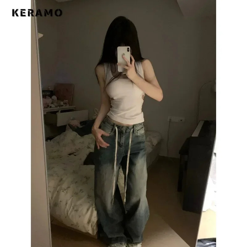 Harajuku Vintage Drawstring High Waist Loose Jeans Autumn Pants Winter Womens Y2K Wide Leg Baggy Streetwear Denim Trouser 250206