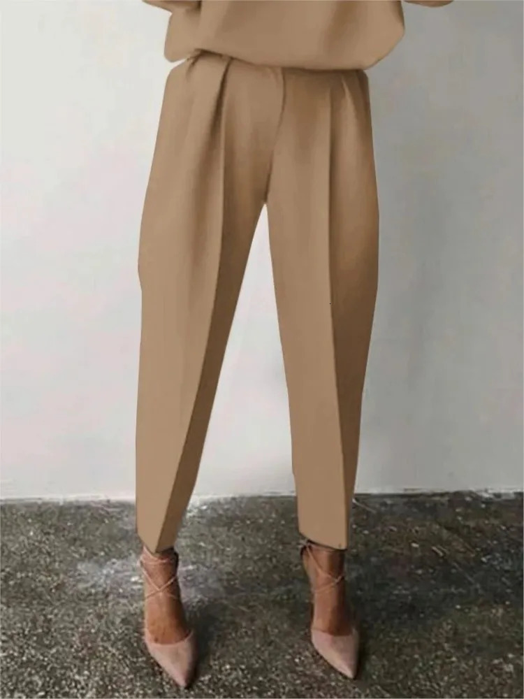 Womens Elegant Solid Color Two Piece Sets Casual O Neck Pullover Full Sleeve Tops Pants Suit 2 Set Woman Fashion Outfits 250206