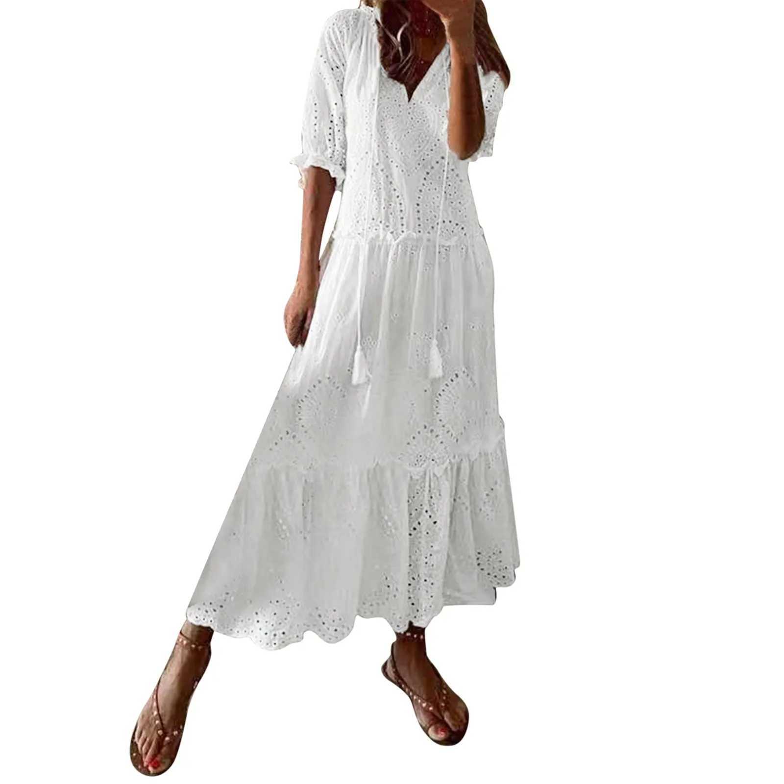A Line White Dresses Woman Vintage Hollow Boho Style Drstring Long Dresses Summer Lantern Sve Maxi Dress Women W250208