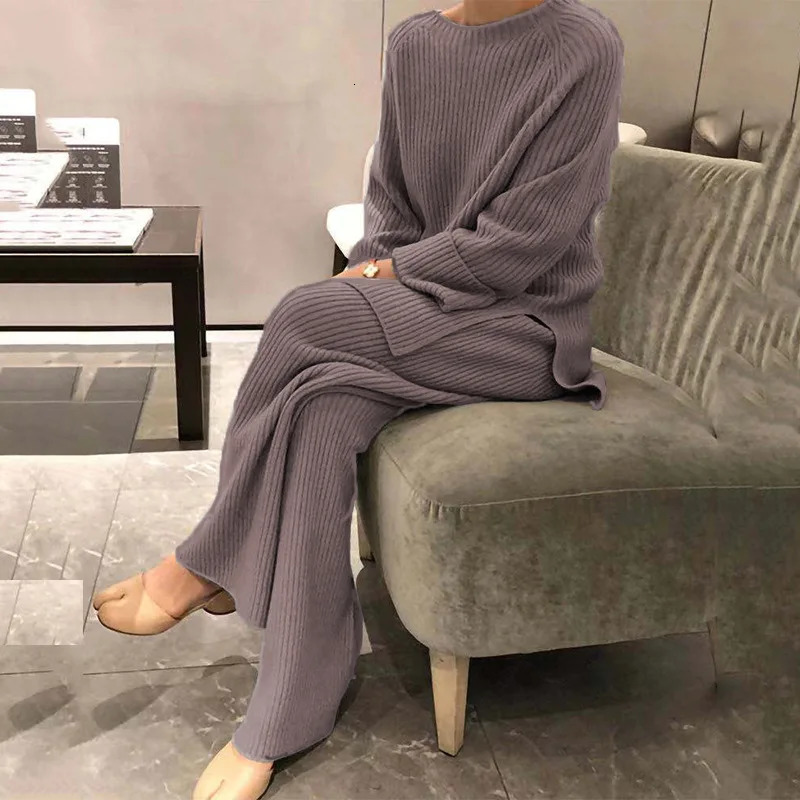 Womens Knit Lounge Sets Sweater Home Street Daily Basic Pure Simple Soft Sport Sweater Pants Fall Winter Round Neck Long Sleeve 250207