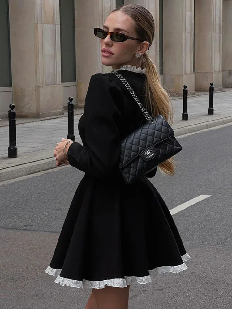 Splice Lace Mini Dress For Women High Waist Slim Elegant Dresses Femme Wedding Retro Temperament Clothes 250206