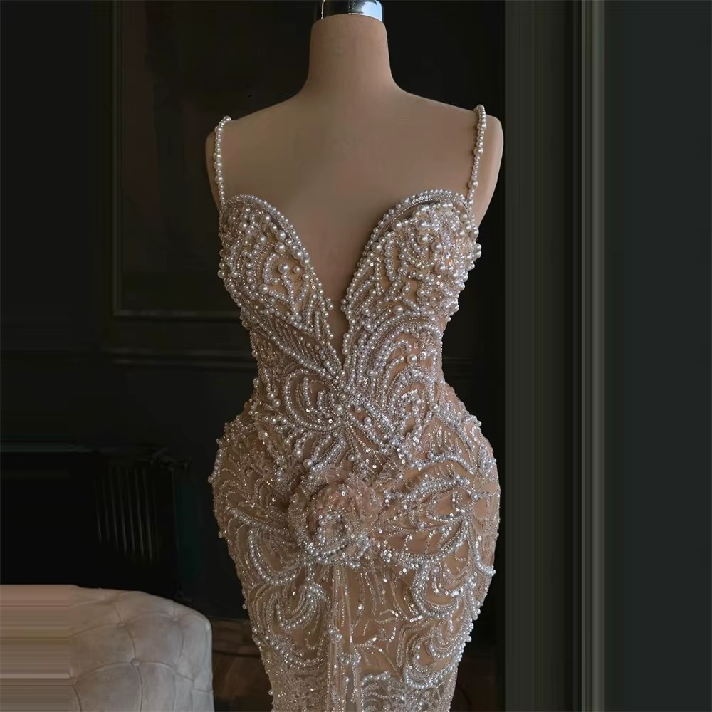Exquisite Wedding Dresses Pearls Sequins Bridal Gowns Mermaid Spaghetti Straps Sleeveless Illusion Customized Princess Sweep Train Bride Dress Vestido