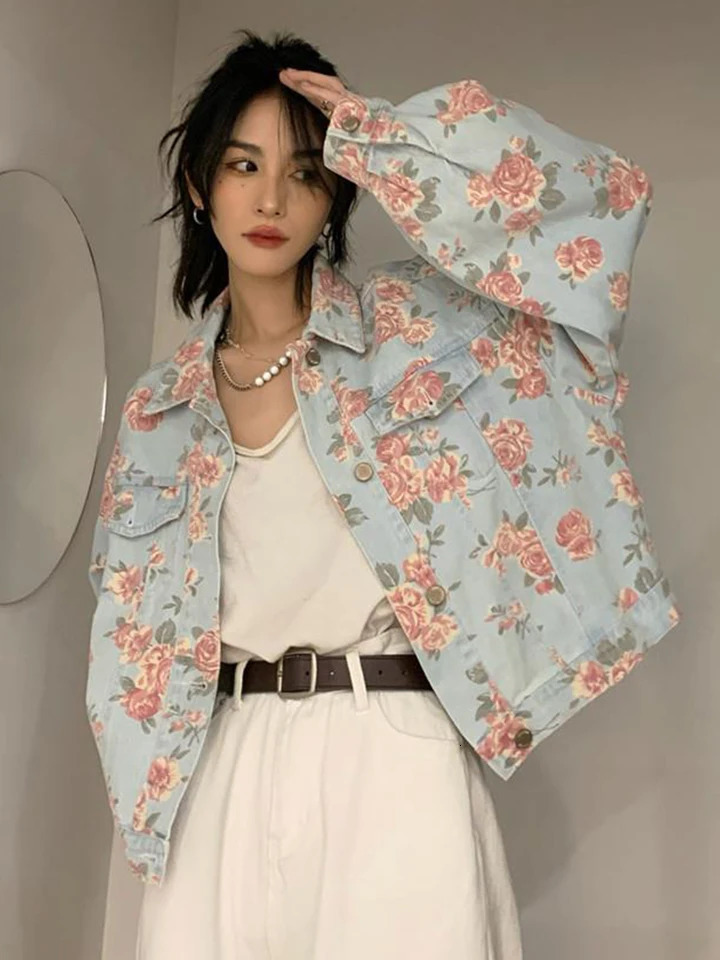 Jmprs Vintage Rose Floral Denim Jacket Korean Loose Elegant Short Coat Sweet Long Sleeve Casual Lady Retro Harajuku Tops 250113