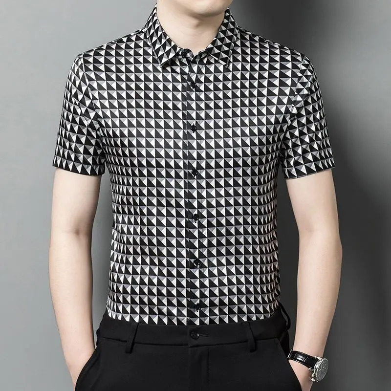 Business Turndown Collar Contrast Color Summer Short Sleeve Plaid Button Cardigan Shirt Casual Formal Mens Clothing Tops 250207