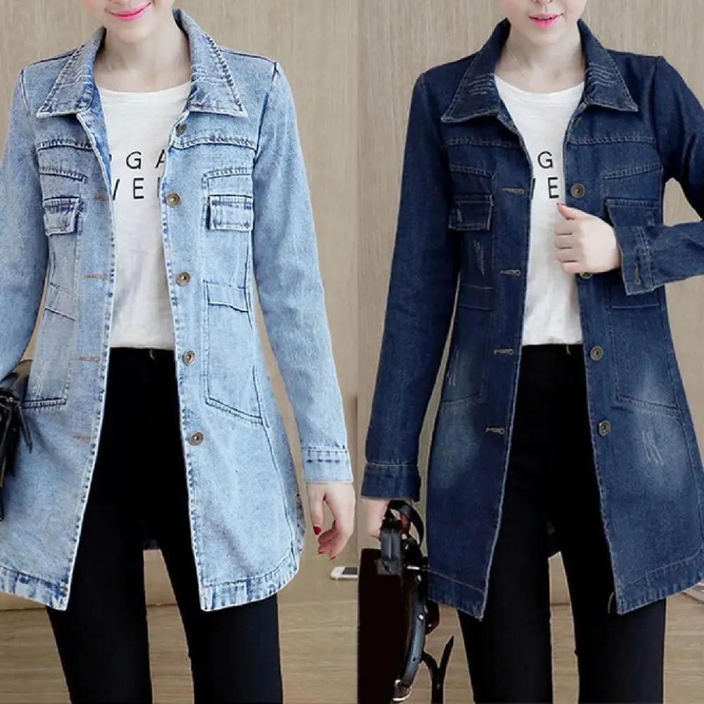 Fashion Single Breasted Long Denim Jacket Shrink Resistant Womens Irregular Hem for Vacation 250208Z