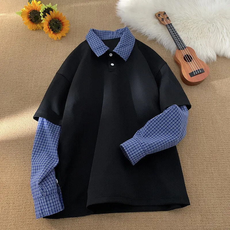 Blue Plaid TwoPiece Illusion Polo Shirt 2025 Spring Long Sleeve Korean Style Lattice Splicing Lapel Sweatshirt Couple 250207
