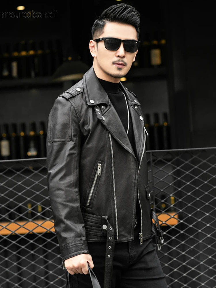 Spring Autumn Short Cool Black Leather Biker Jacket Men Zipper Long Sleeve Belt Plus Size European Fashion leather jackets 250109Z