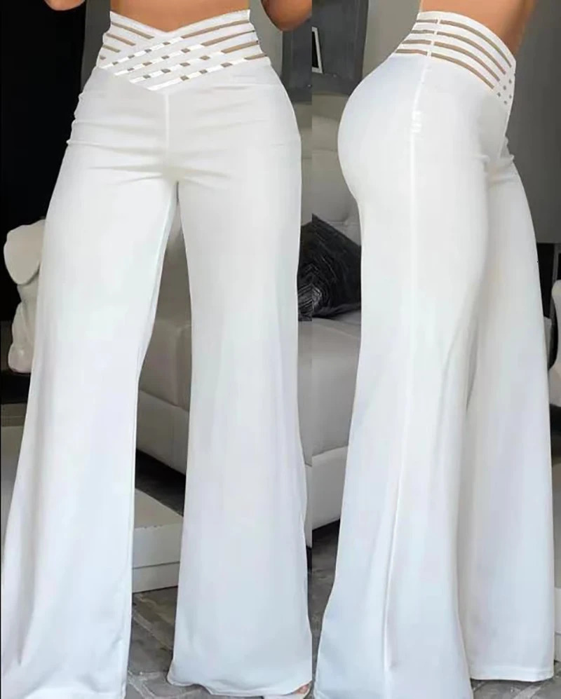 Women Flared Pants Elegant Office Lady Casual High Waist Trousers Spring Summer Solid Crisscross Sheer Mesh Patch Wide Leg Pant 250109