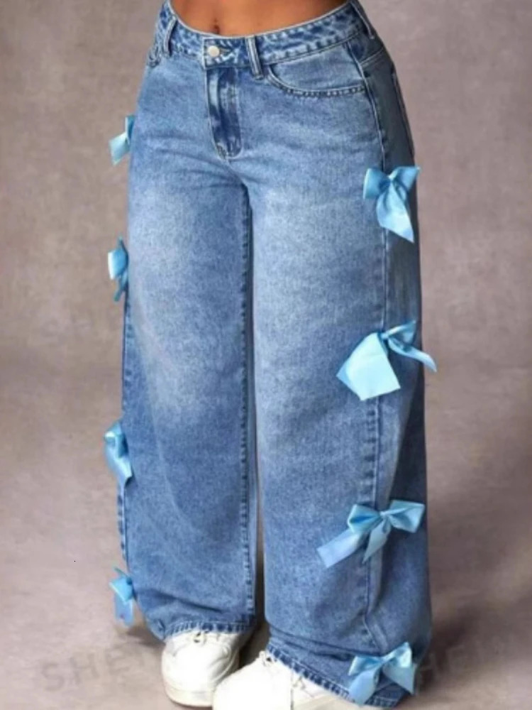 HOUZHOU Women Casual Bowknot Decor Jeans Y2k Blue Baggy Denim Trousers Loose Straight Sweet Coquette Aesthetic Washed Jeans 250206