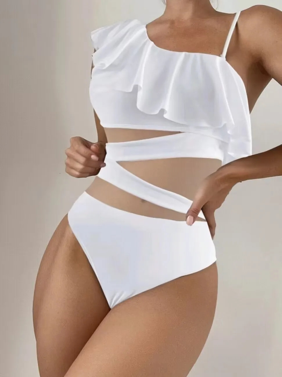 Ruffle Contrast Mesh Swimsuit Women One Piece Swimwear Bodysuit Bathers Bathing Swimming Swim Suit Sports Beachwear 250206