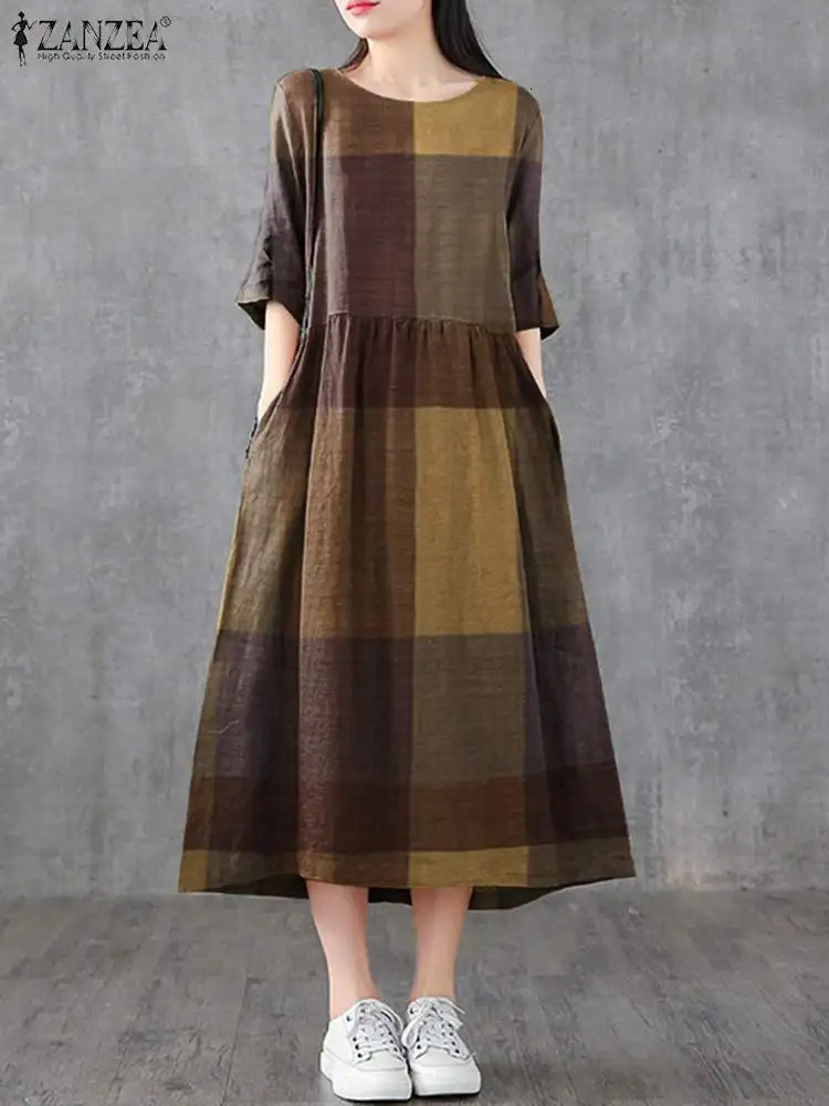 ZANZEA Women Cotton Linen Dresses Vintage Plaid Half Sleeve Midi Vestidos Casual O-neck Long Sundress Holiday Pocket Robes 250206