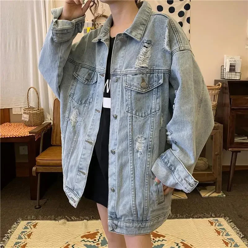 Denim Coat Women Hole Jackets Casual Jacket Turn Down Collar Y2k Tops Coats Single Breasted Elegant Spring Autumn Outerwear 250122