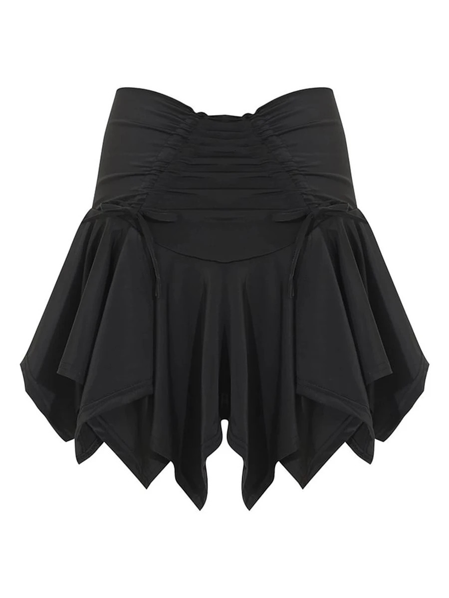 Womens Lace Mini Skirts y2k Fairycore Asymmetrical Flowy Short Low Waist Pleated Ruffles Hem Layered Streetwear 250208Z