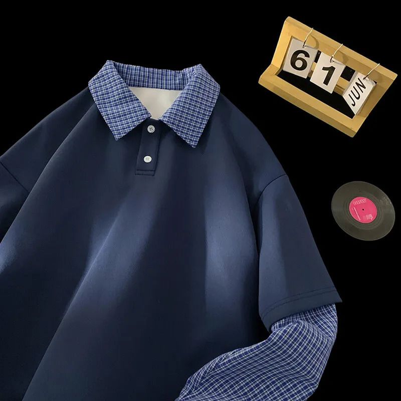 Blue Plaid TwoPiece Illusion Polo Shirt 2025 Spring Long Sleeve Korean Style Lattice Splicing Lapel Sweatshirt Couple 250207