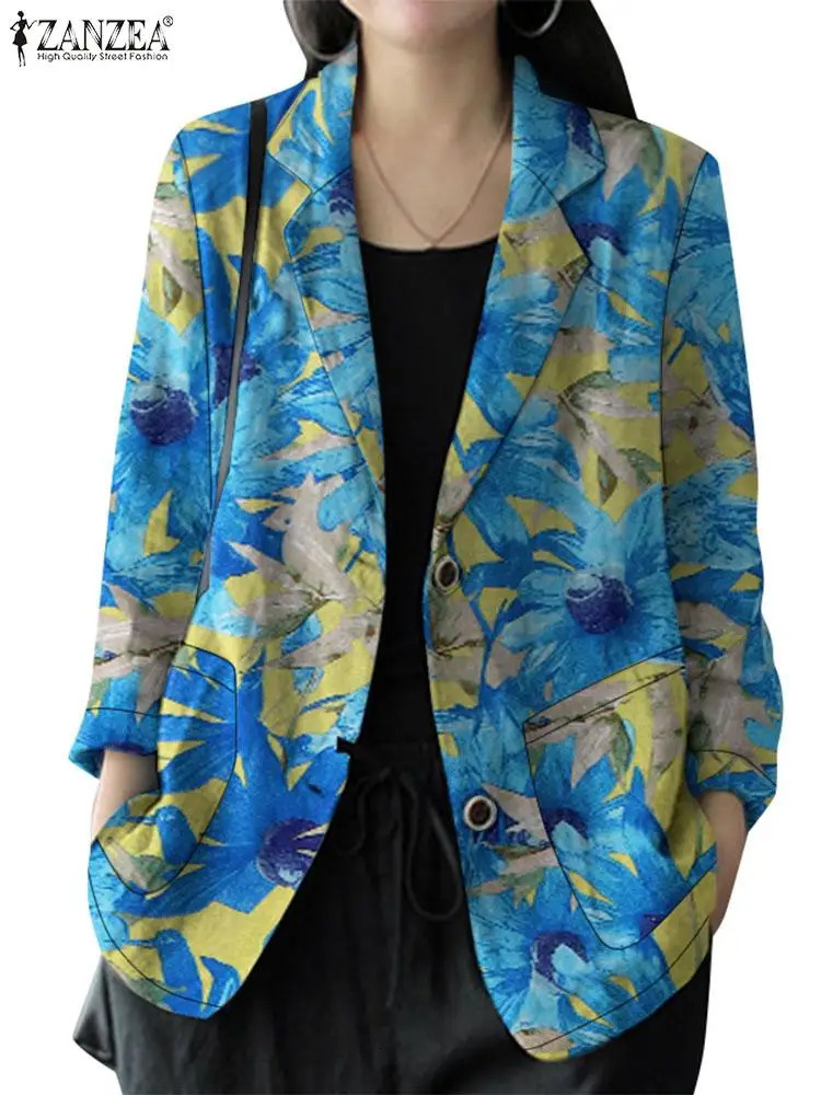 ZANZEA Autumn Women Blazer Bohemian Floral Printed Thin Coats Casual Lapel Neck Long Sleeve Suits Outwear Woman Jackets Oversize 250207