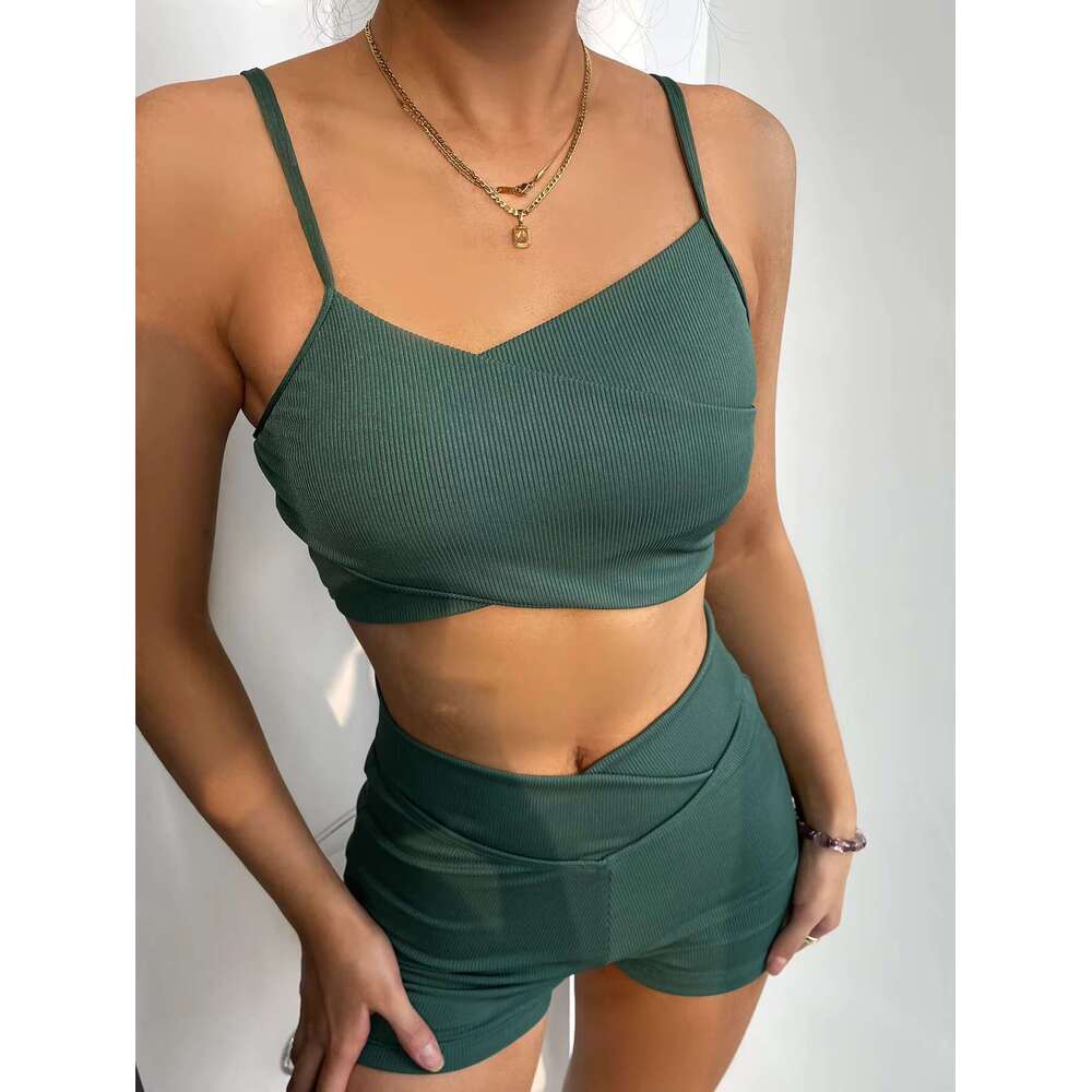European and American Foreign Trade New Thread Fabric Solid Color Split High Waist Bikini Boxers Swimsuit Woman