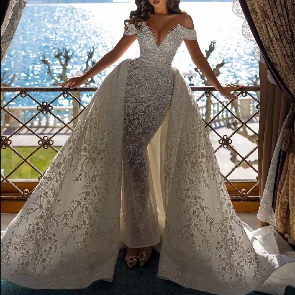 Classic Mermaid Wedding Dress Sheer Neck Off Shoulder Bridal Gowns Sequins Lace Appliques Detachable Train Dresses Custom Made vestidos de novia