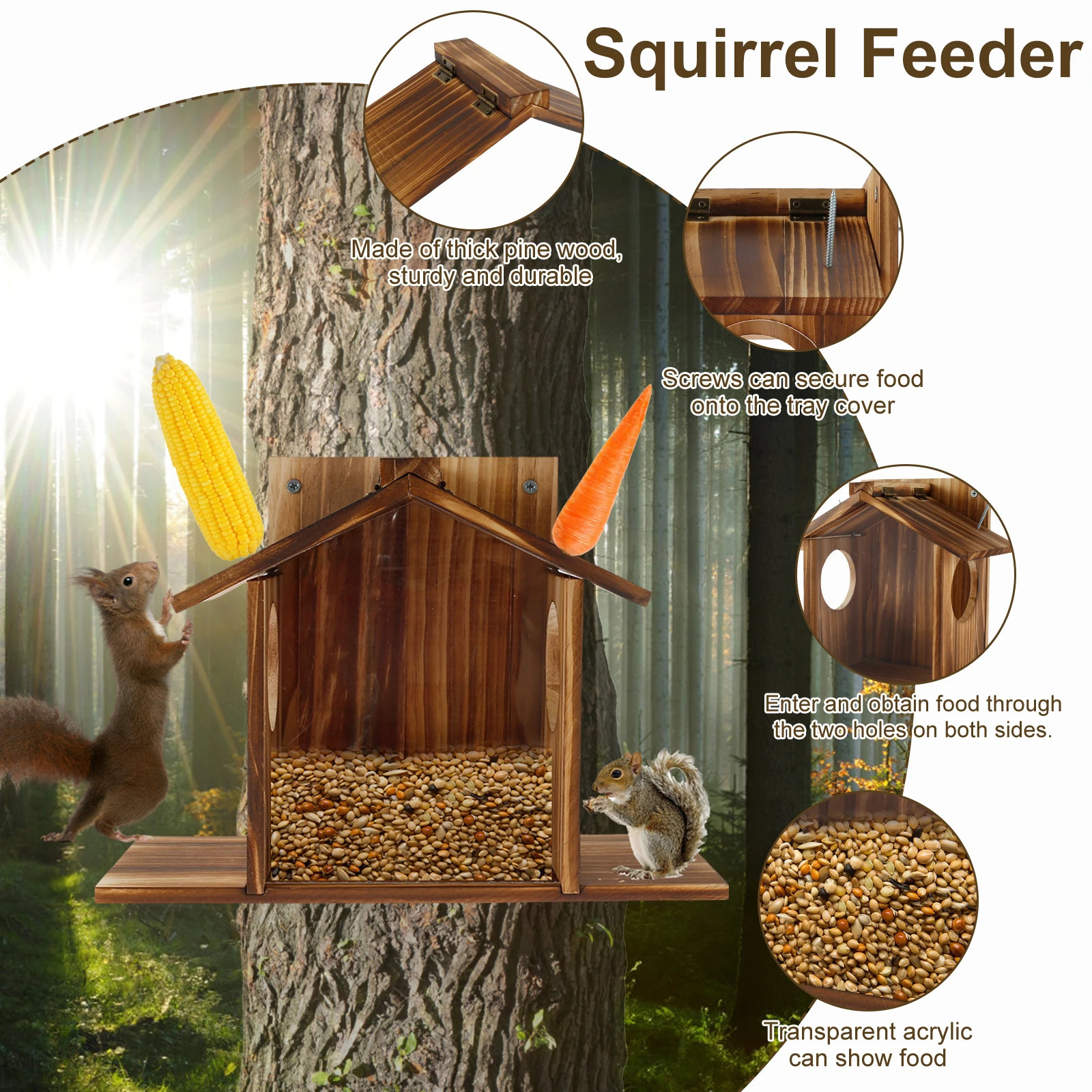 Wooden Squirrel Feeder Large Capacity Squirrel Feeder House with Roof Squirrel Feeding Stations Garden Decor for Corn 250207