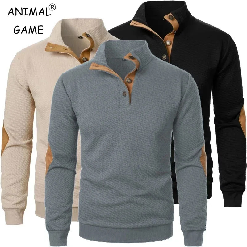 Mens long sleeved sweatshirt casual button upstand up Henley polo shirt Pullover lightweight streetwear 250207