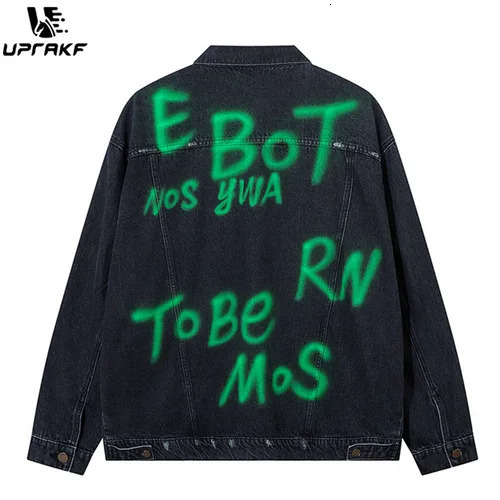 UPRAKF Green Letter Washed Striped Patchwork Jacket Retro Baggy Jeans Coat Casual Outwear Tops High Street Fashion 250207