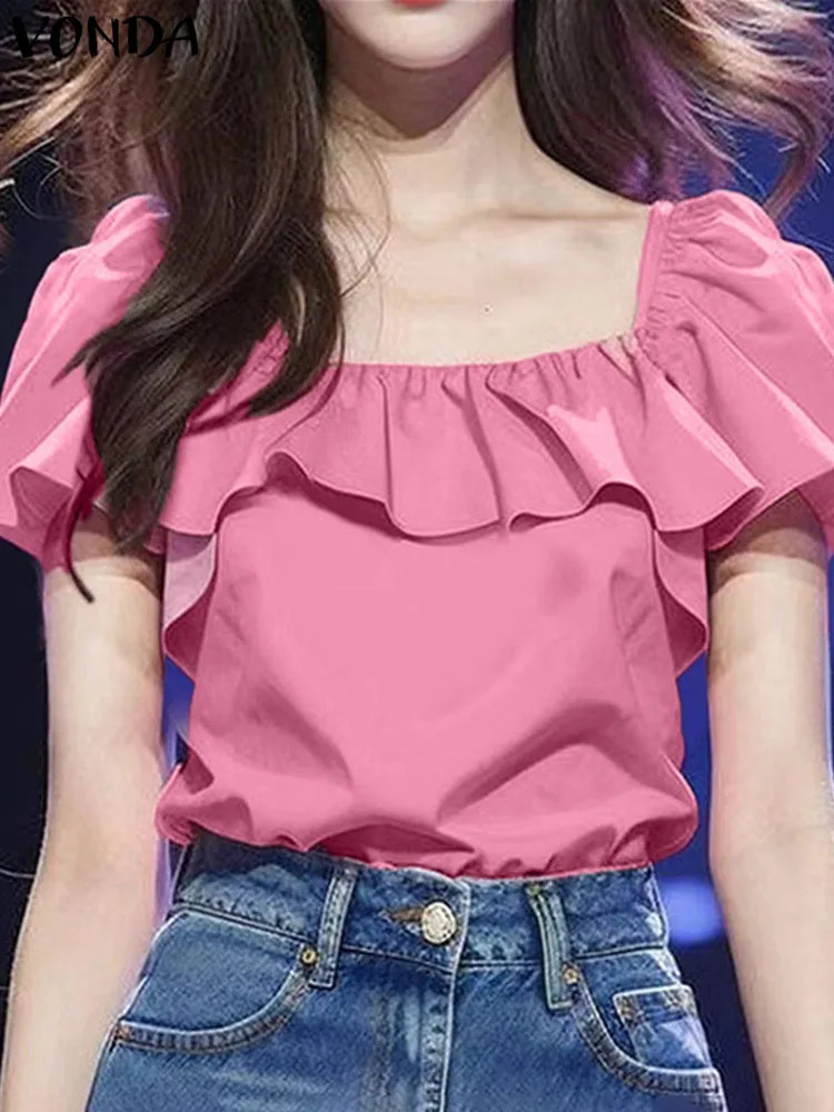 Elegant Women Ruffle Blouse 2024 Fashion Short Sleeve Summer Solid Color Tops Bohemian Shirts VONDA Square Collar OL Blusas 250121