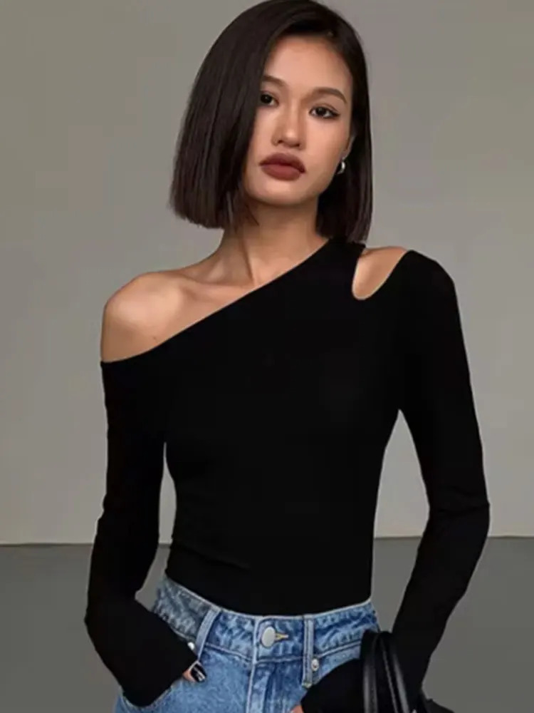 Fashion Skew Collar Offshoulder Longsleeved Tshirt Spring Solid Slim Fit Crop Top Sexy Hollow Out Tees Shirts 250208Z