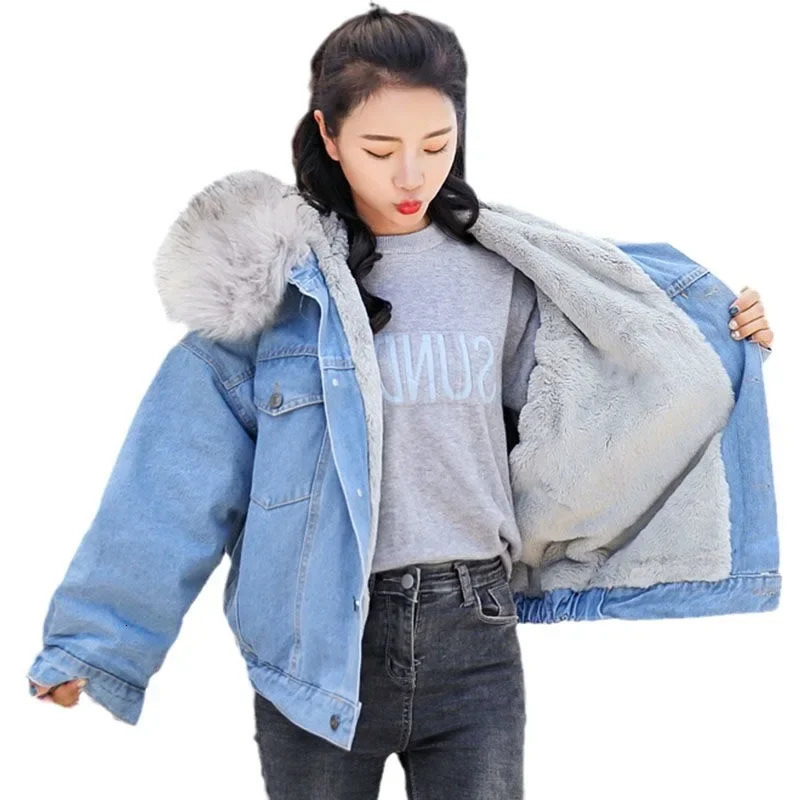 Hooded Denim Coats Pockets Single Breasted Jacket 2024 Autumn Winter Outerwear Thick Warm Comfortable Women Casual Overcoat 250208Z