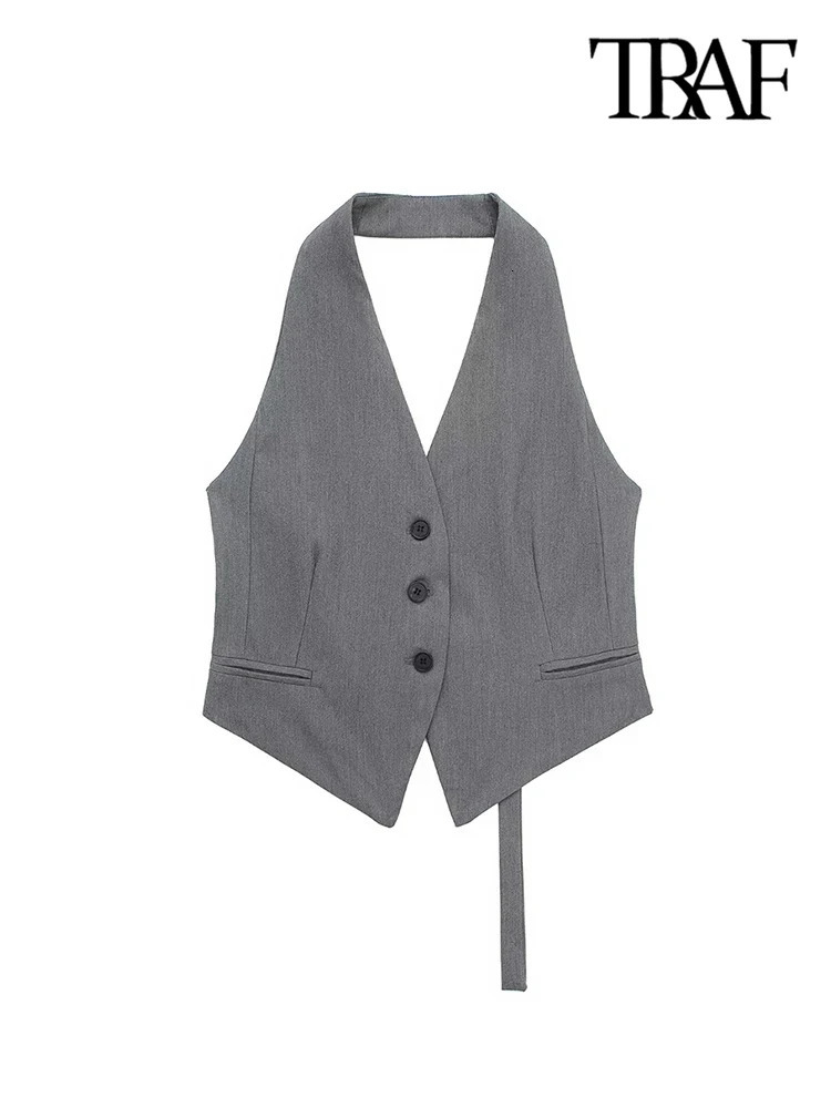 TRAF Women Fashion Backless Halter Neck Waistcoat Sexy Sleeveless Buttonup Female Outerwear Chic Vest Tops 250207