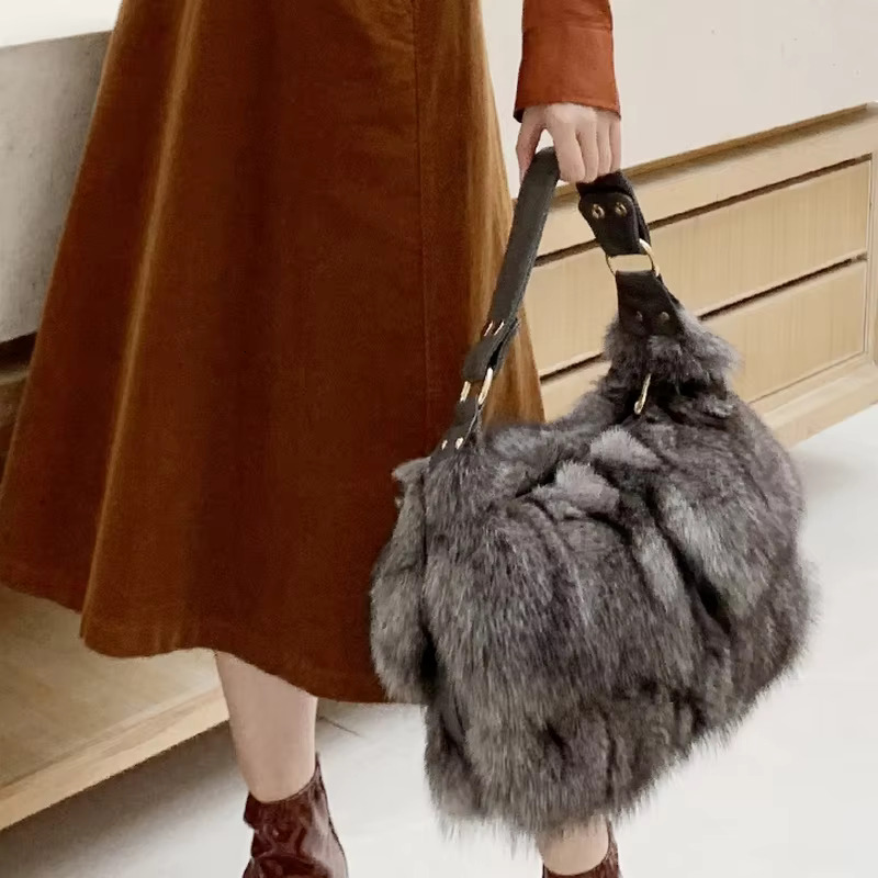 FXFURS 2021 New Real Women Message Single Shoulder Crossbody Bags Sier Fox Fur Large Lady Clutch Bag