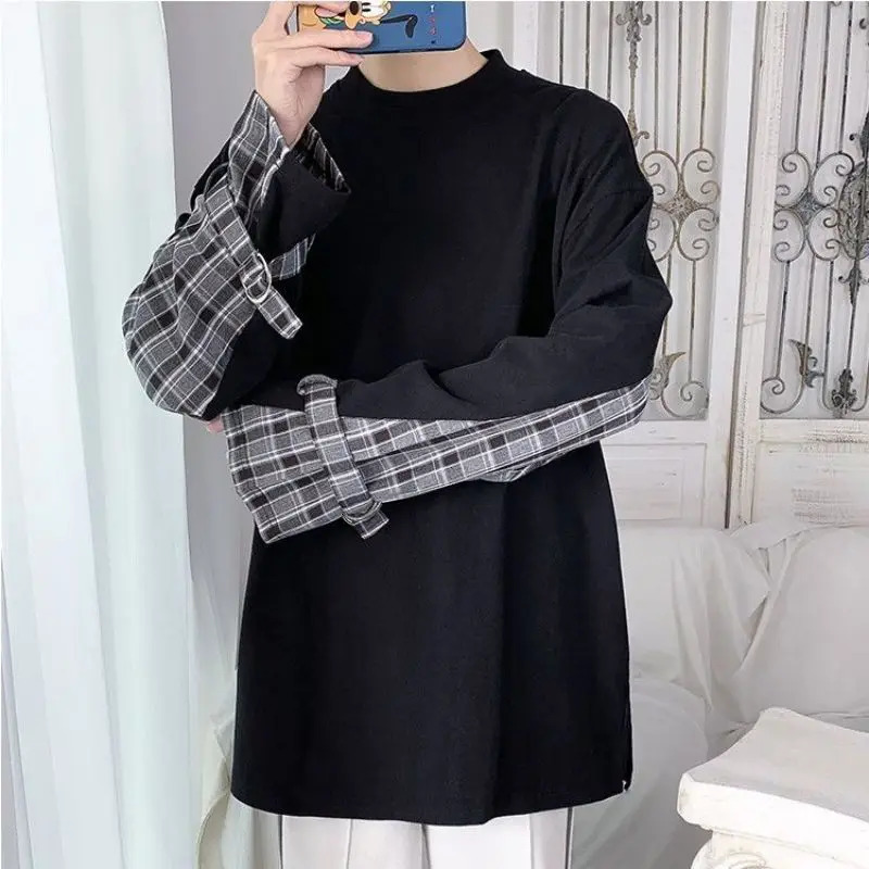 Stylish ONeck Spliced Loose Korean Plaid TShirt Mens Clothing 2023 Spring Casual Pullovers Long Sleeve Allmatch Tee Shirt 250207