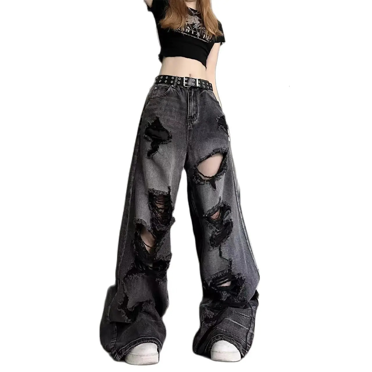 Vintage High Waist Denim Pants Ripped Jeans Women Fashion Loose Wide Leg Straight Pants Y2k Washed Streetwear Female 250206