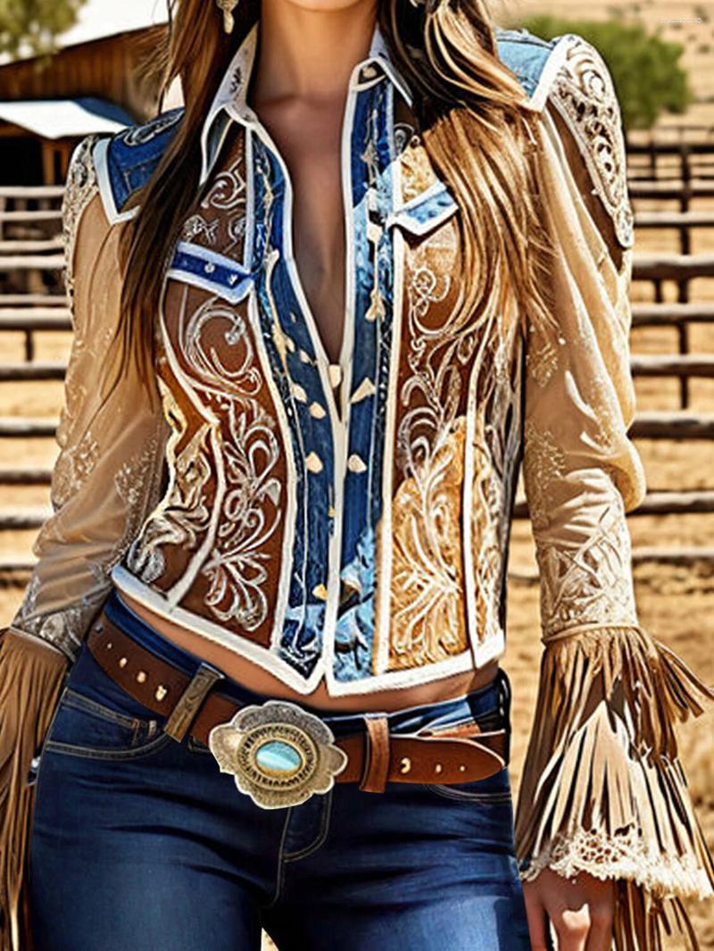 Women's T Shirts Vintage Chic Women Tops Western Patchwork Turn-down Collar Fringed Flare Sleeve Blouse Office Lady Blusas 2025