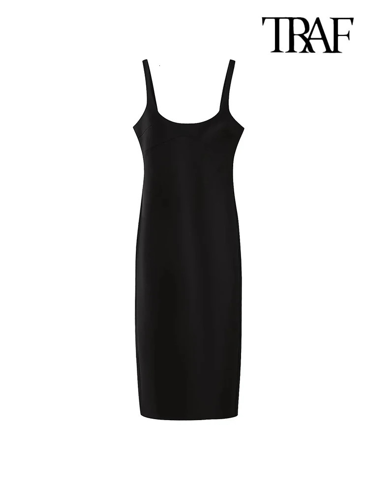 TRAFWomens Back Slit Solid Midi Dress O Neck Straps Female Dresses Chic Fashion 250207
