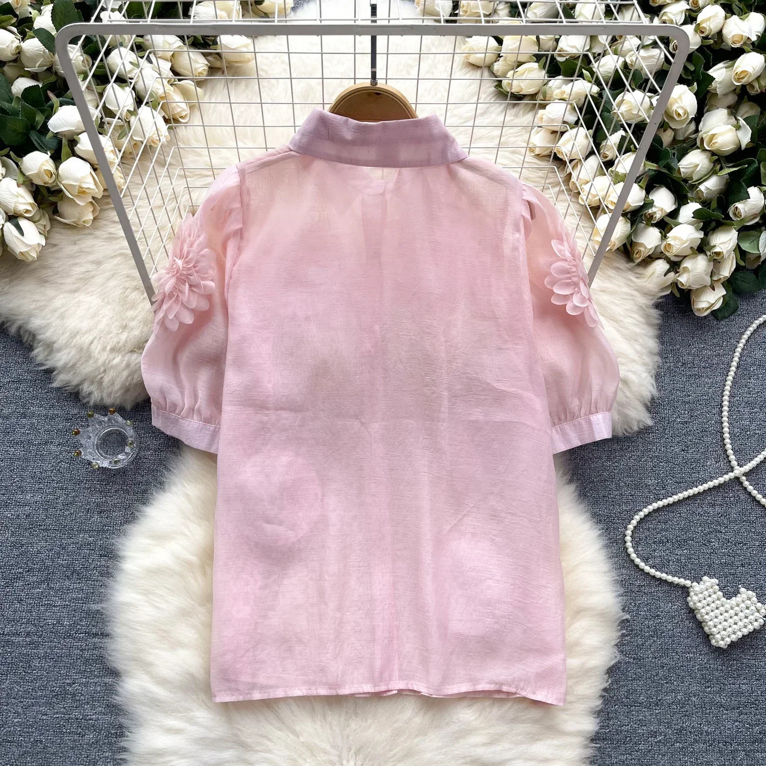 2025 French Style 3D Floral Blouse Women Lapel Neck Short Sleeves Pearl Loose Top Fashion sweet Sheer Chiffon Shirt 250121