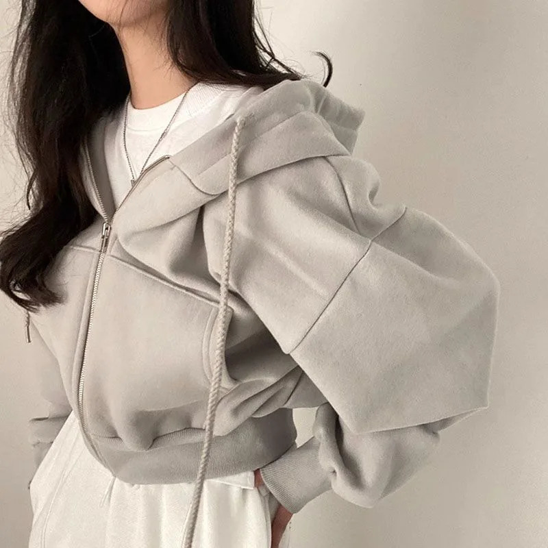 2024 Autumn And Winter Instagramsadd Velvet Fashion Short Slim Zipper Warm Solid Color Hoodie Woman Simple 250208Z