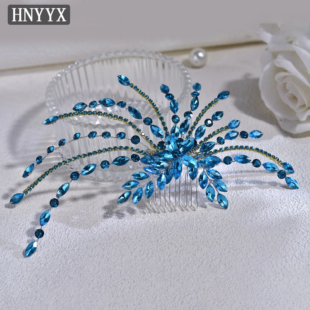 HNYYX Blue Full Rhinestone Hair Comb Elegant Womens Hair Accessories Bridal Hair Clip Wedding Bridal Headpieces A269 250221