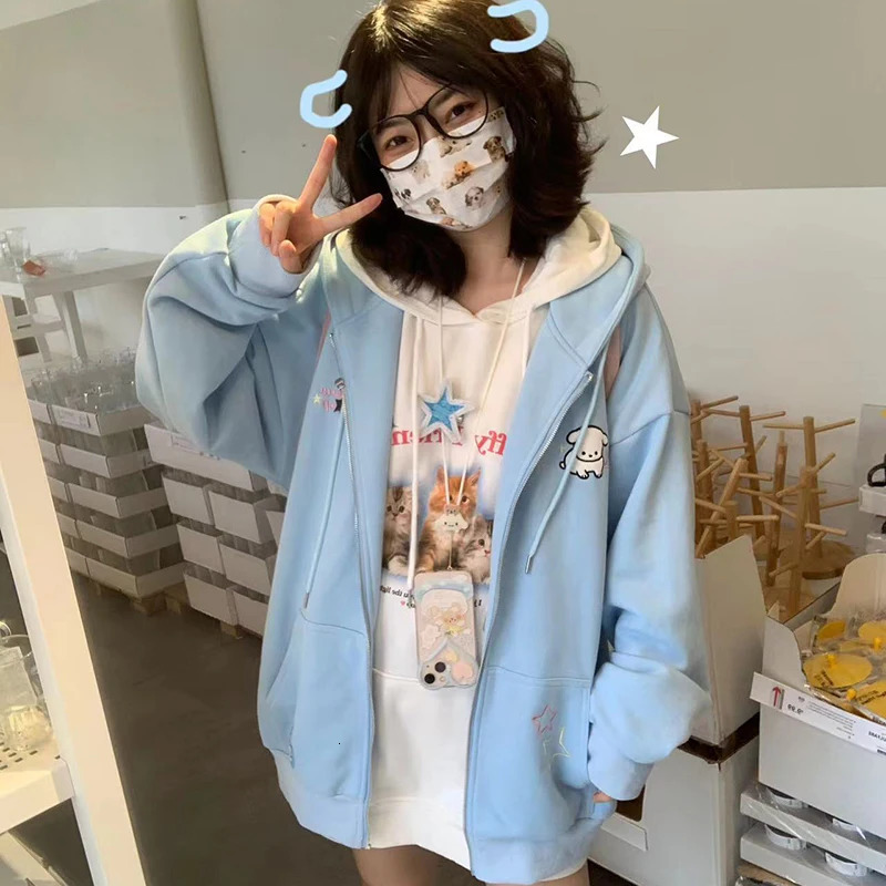Harajuku Pink Kawaii Women Hoodies Sweet Cartoon Loose Zipper Female Sweatshirts Japanese Style Ladies Hooded Jacket 250110