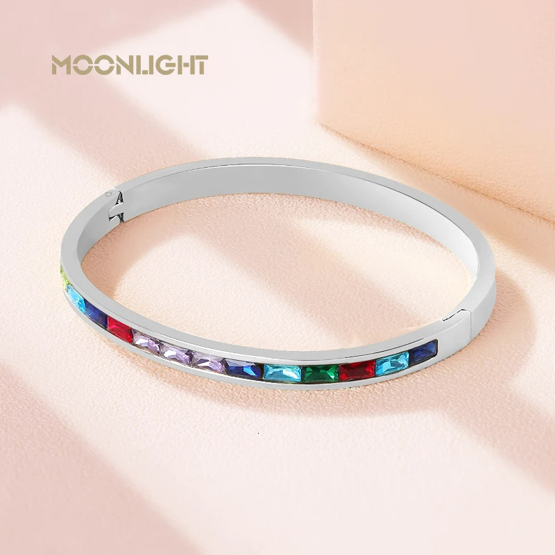 MOONLIGHT Fashion Colored Square Rhinestones Bangles Steel Bracelet for Woman Female Jewelry Gift Women Accessories 250207