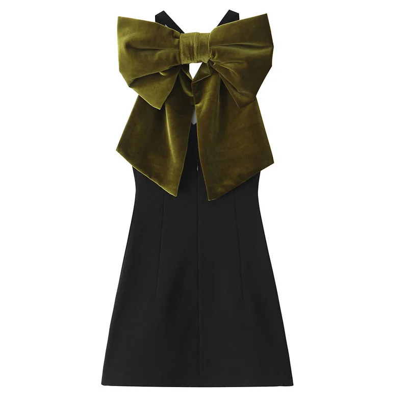 TRAF dress sleeveless black mini summer bow velvet backless sexy short skirt womens party 250208Z