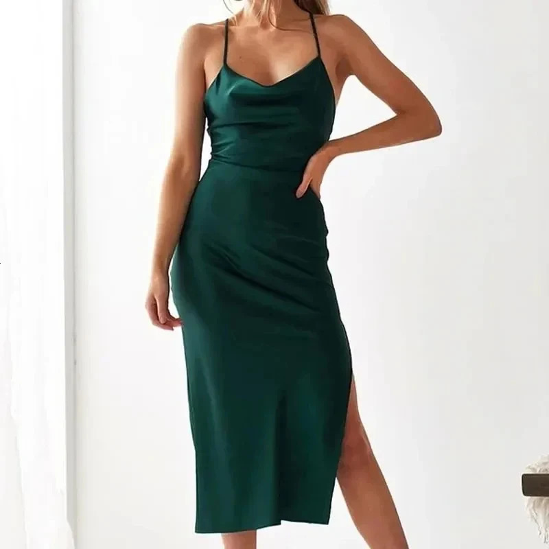 Sexy Satin Evening Bandage Dress Green Slim Fit Midi Dresses Elegant Backless Party 2024 Fashion Women Clothes 21796 250207