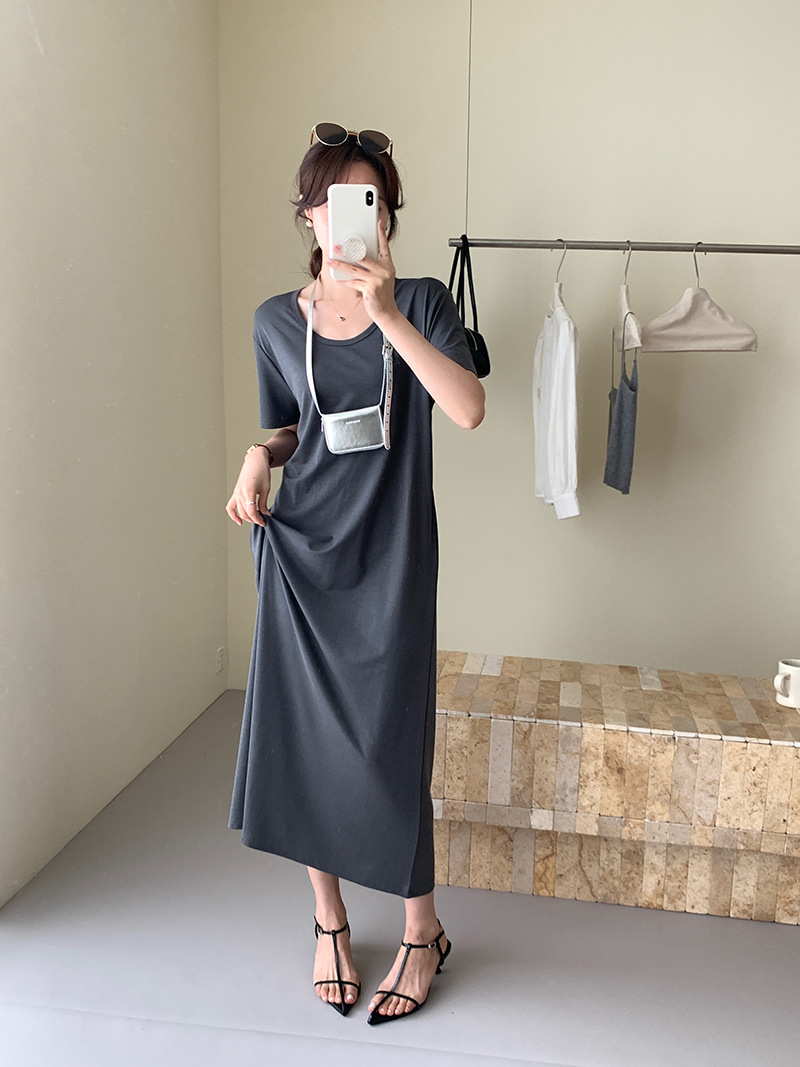 MU4178 Korean style simple and comfortable silk U-neck dress for women, casual and versatile, slim T-shirt dress