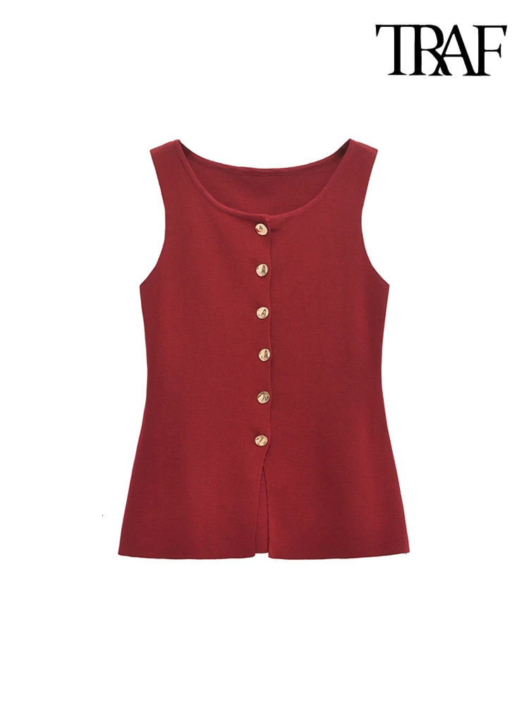 TRAFWomens Knitted Vest with Golden Buttons Sleeveless Sweater O Neck Chic Tops Female Waistcoat Fashion 250207